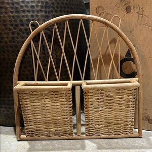 vintage wicker or rattan 2 pocket wall organizer or planter